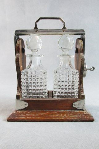 Vintage English Wood & Silverplate Perfume Tantalus W/2 Pressed Glass Bottles photo