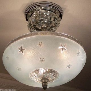 329 Vintage 40s Ceiling Light Lamp Fixture Glass Re - Wired Stars Nautical Blue photo