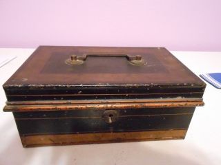 Tin Metal Storage Document Cash Lock Box,  English Made Lever Lock,  1800s photo