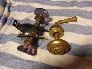Antique Purple Amethyst Glass Crystal With A Large Brass Door Knob Set photo
