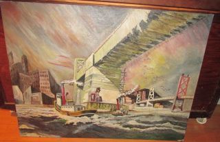 Antique P.  Carafeno Tug Boat Bay Scene Oil Painting, photo