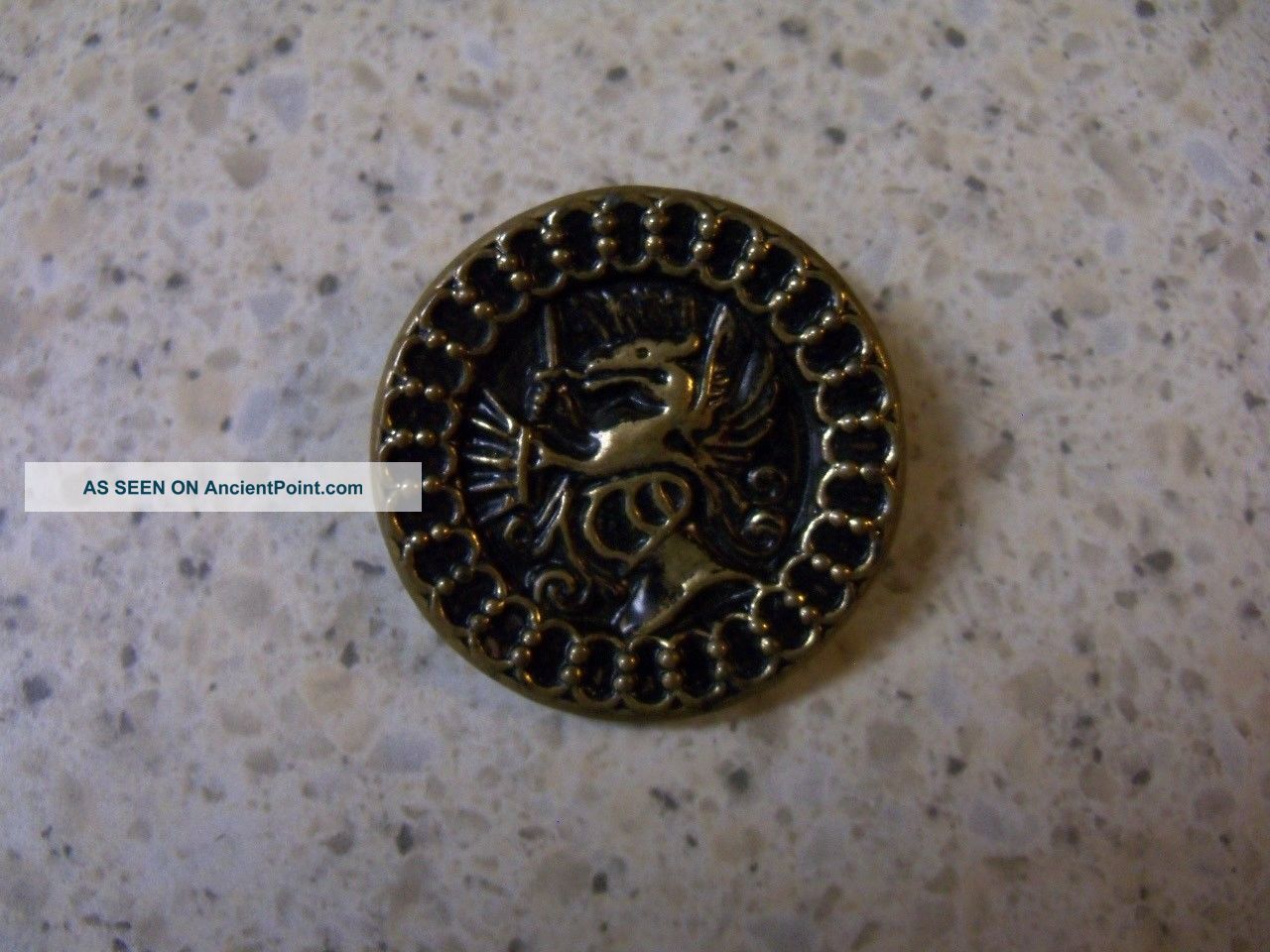 Antique Sewing Button 2 Piece Brass With Wire Shank - Helmet W/crest On Top Buttons photo