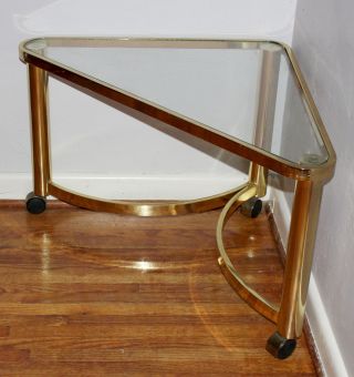 Vintage Mid Century Hollywood Baughman Style Brass & Glass Rolling Corner Table photo