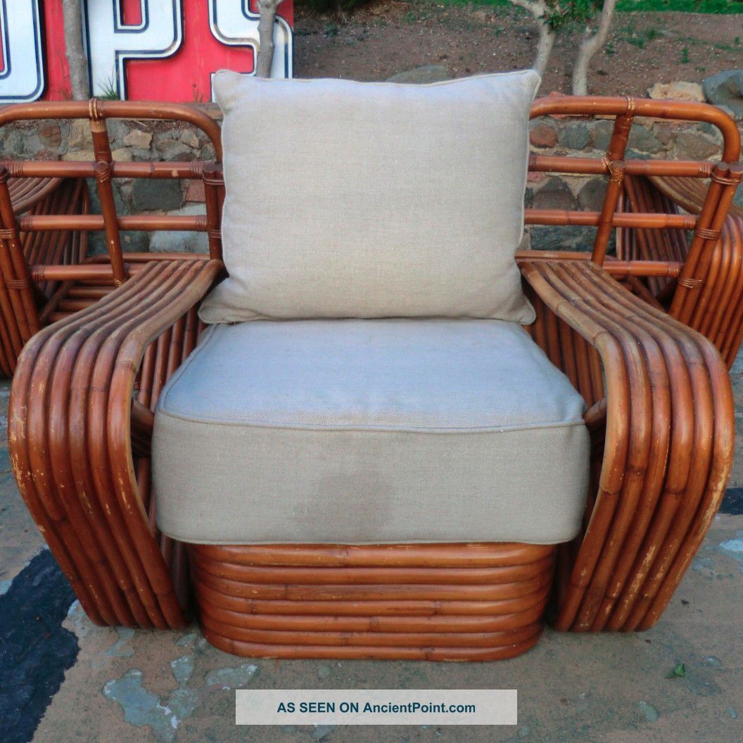 Mid - Century Paul Frankl 6 Strand Square Pretzel Rattan Armchair Mid-Century Modernism photo