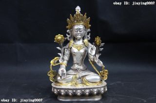 9 Buddhism White Copper Silver Gild White Tara Guan Yin Kwan - Yin Boddhisattva photo