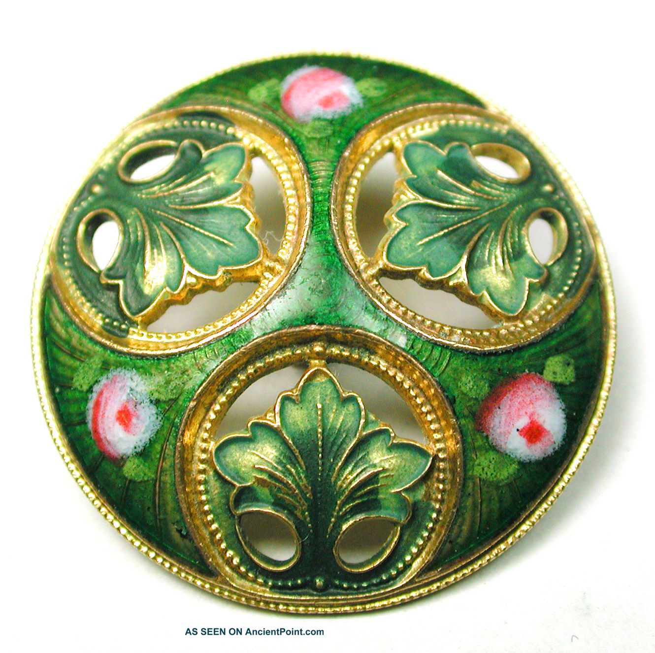 Antique French Enamel Button Pierced Leaf Triad W/ Hand Painted Rose Accents Buttons photo