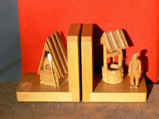 B2343 Canadian Carved Wood Bookends Signed P.  E Caron photo