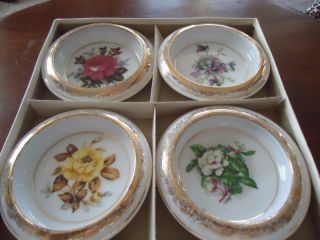 Set Of 4 Vintage Porcelain Coasters,  Handpainted Gold Roses/ Floral,  Nib photo