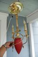 Art Deco Ruby Starburst Spiral Tube Brass Gas Hanging Ceiling Fixture Lamp Vtg Chandeliers, Fixtures, Sconces photo 11