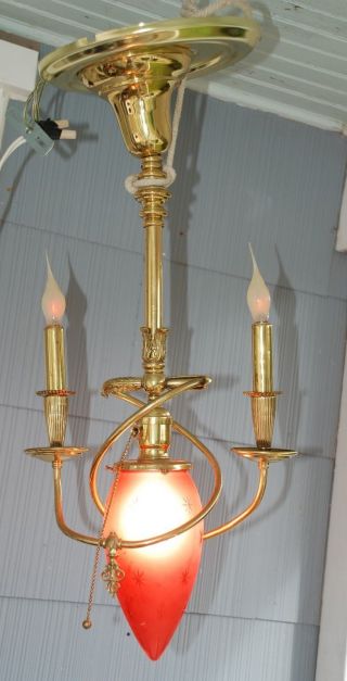 Art Deco Ruby Starburst Spiral Tube Brass Gas Hanging Ceiling Fixture Lamp Vtg photo