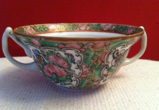 Antique Chinese Rose Medallion Canton Famille Rose Cream Soup Bowl Handled Cup photo