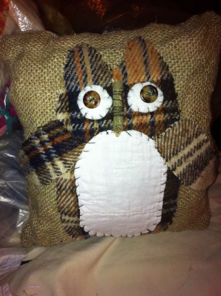 Primitive Feedsack Burlap Owl Handsewn Antique Quilt Trimmed photo