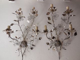 C1950 French Beaded Crystal Flowers Prisms 4 Light Outrageous Sconces Vintage photo