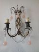 C 1920 French Bronze Pink Opaline Drops Beads Prisms Stars Crystal Sconces Chandeliers, Fixtures, Sconces photo 1