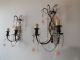 C 1920 French Bronze Pink Opaline Drops Beads Prisms Stars Crystal Sconces Chandeliers, Fixtures, Sconces photo 6
