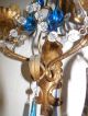 C 1920 French Rare Gold Gilt Tole Murano Blown Glass Cobalt Blue Drops Sconces Chandeliers, Fixtures, Sconces photo 7