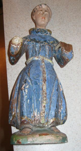 Antique Carved Wood Santo Figure Of Saint Anthony Polichromed 11 3/4 photo