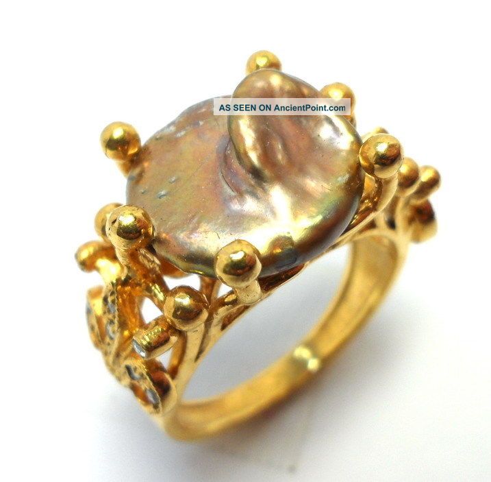Rose Cut Diamond & Natural Pearl Gold Plated Antique Look Jewelry Ring Size 7.  75 Islamic photo