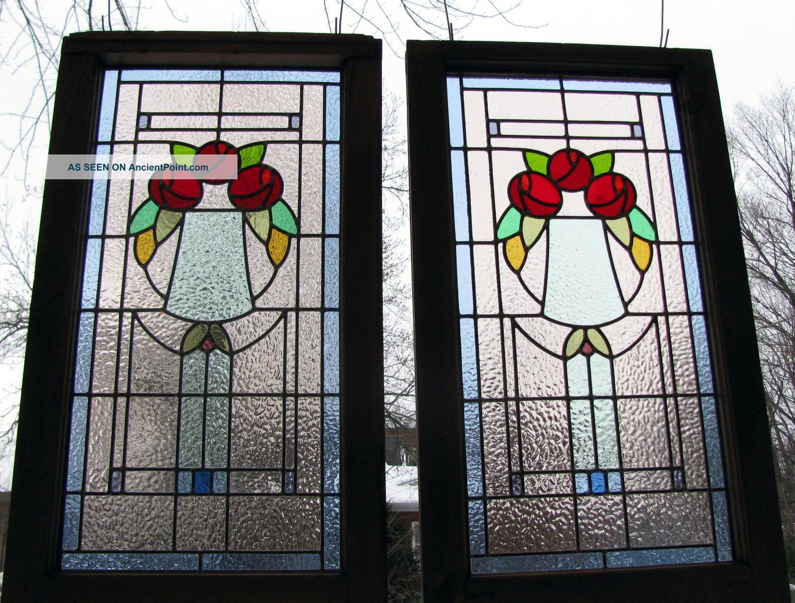 Large Classic Stained Glass Window Leaded Panels Set - Mackintosh Red Roses 1940-Now photo