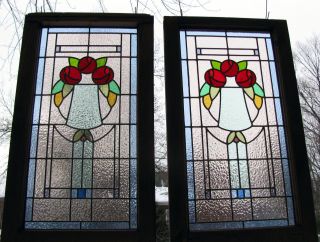 Large Classic Stained Glass Window Leaded Panels Set - Mackintosh Red Roses photo