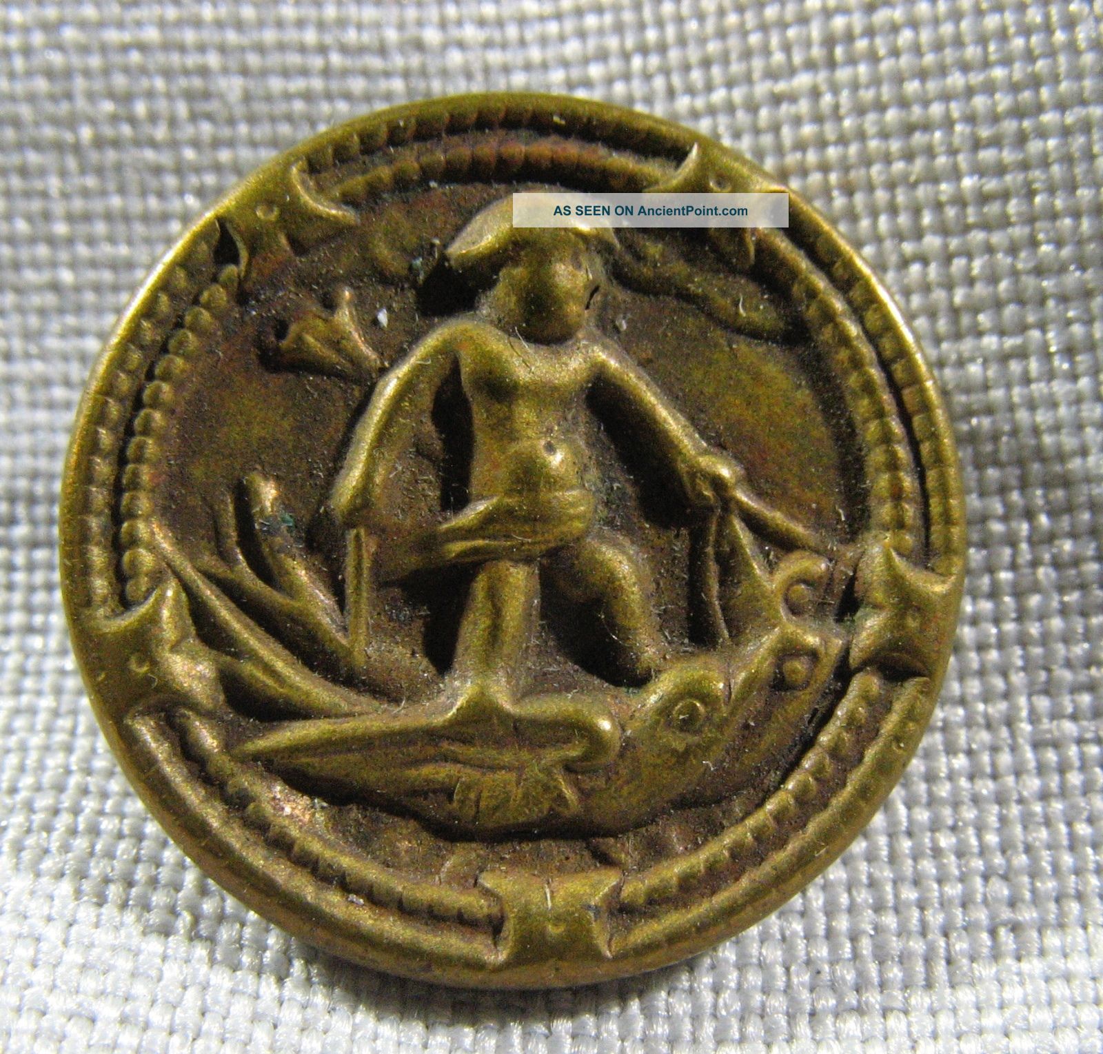 Antique Brass Victorian Mythological Picture Button Of Child Riding Two Birds Buttons photo