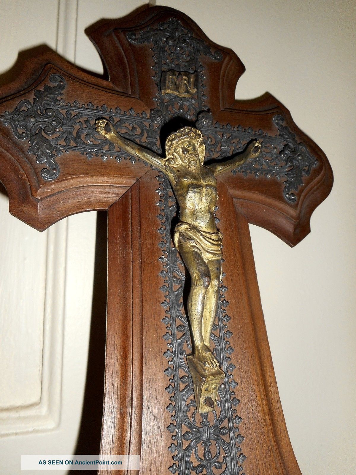 Antique German Crucifix In Golden Regule (sort Of Bronze) And Very Well Worked Metalware photo