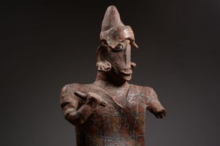 Ancient Pre Columbian Nayarit Painted Pottery Warrior Figure - 100 Bc photo