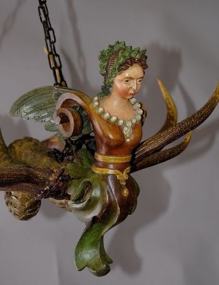 Lovely Antique Black Forest Carved Wood Harpy Lusterweibchen photo