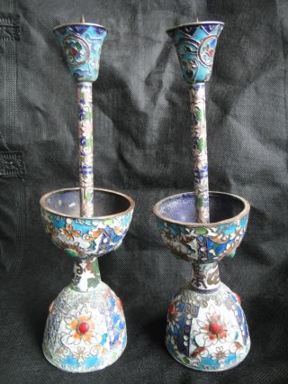 Old Decorated China Cloisonne Flower Candlestick Candle Holder A Pair photo