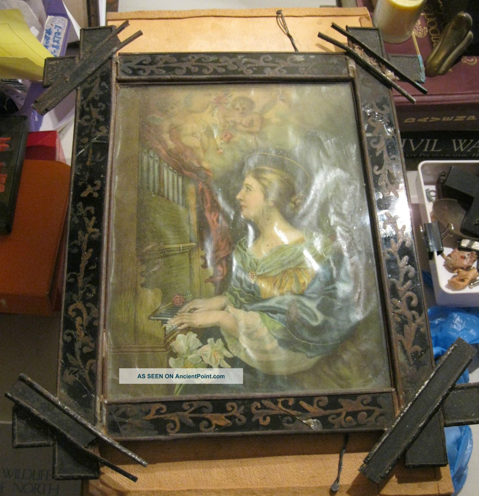 Antique Tin Nicho With A Color Print Saint Cecilia Nicho Has Hand Painted Sides Latin American photo