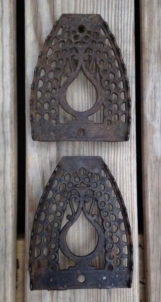 Rare Pair Primitive Sad Iron Rest Trivets Salvage Urn Design Steampunk Hanging photo