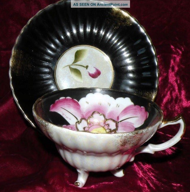 Opalescent Black Limoges Style Floral Cup And Saucer Cups & Saucers photo