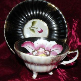 Opalescent Black Limoges Style Floral Cup And Saucer photo