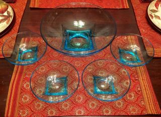 Vintage Mid Century Modern Blue Aqua Caprice Salad Bowl/4bowls Glass, photo