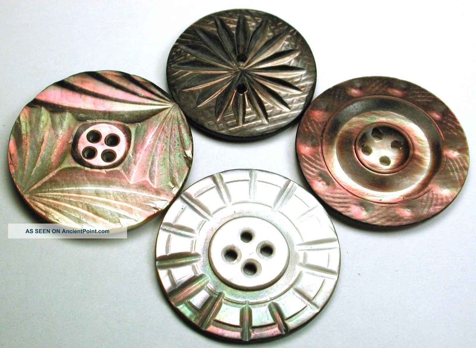 4 Antique Carved Shell Buttons Iridescent W/ Various Designs Buttons photo