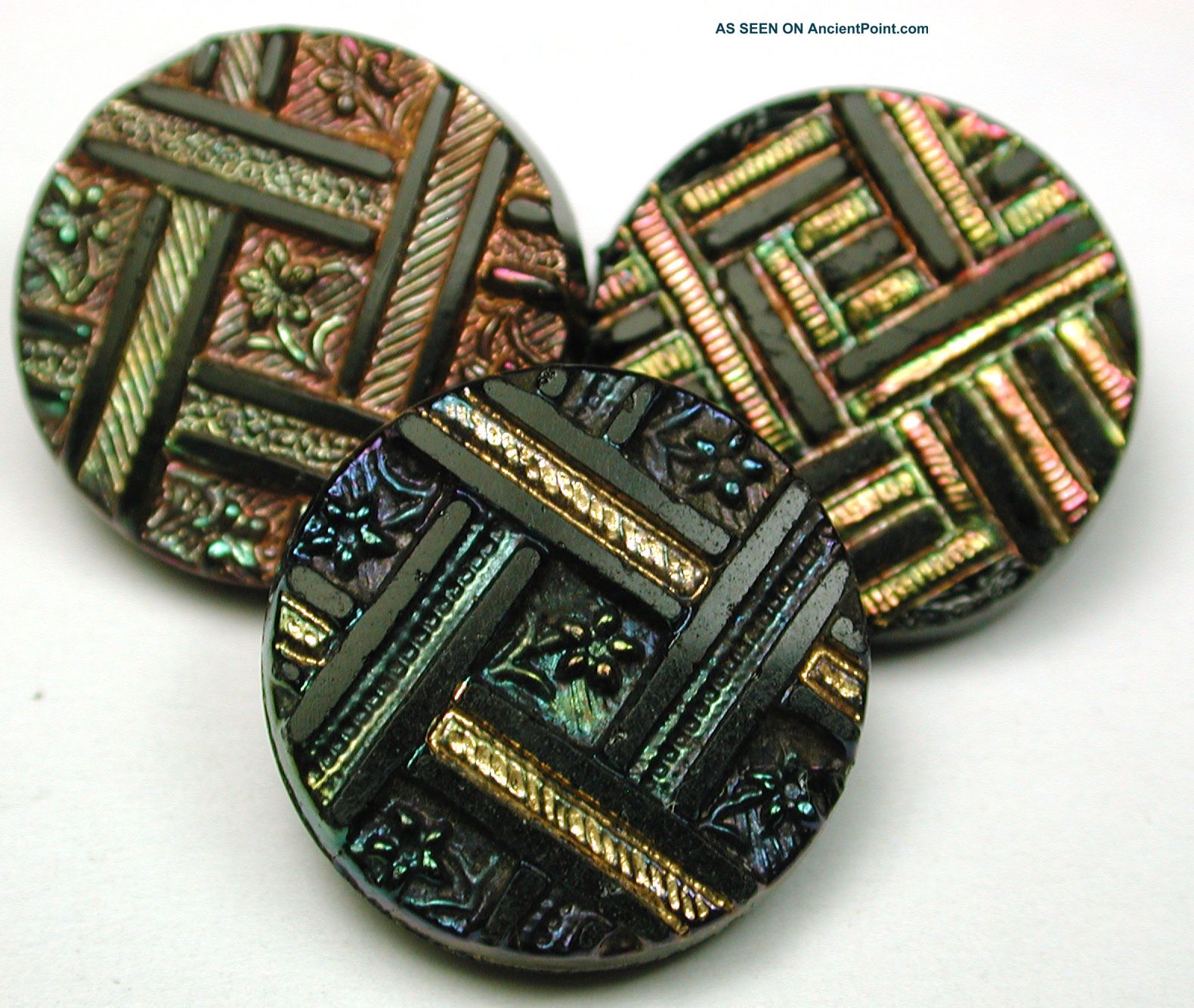Antique Black Glass Buttons 3 Woven Ribbon Designs W/ Carnival Luster Buttons photo