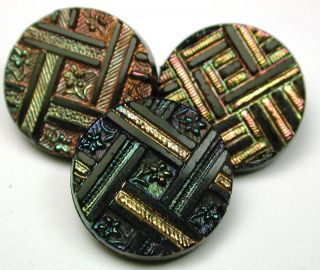 Antique Black Glass Buttons 3 Woven Ribbon Designs W/ Carnival Luster photo