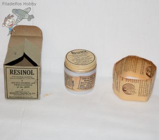Resinol Milk Glass Medicine Bottle Jar 1933 W/box,  Instructions,  Germicidal Soap photo