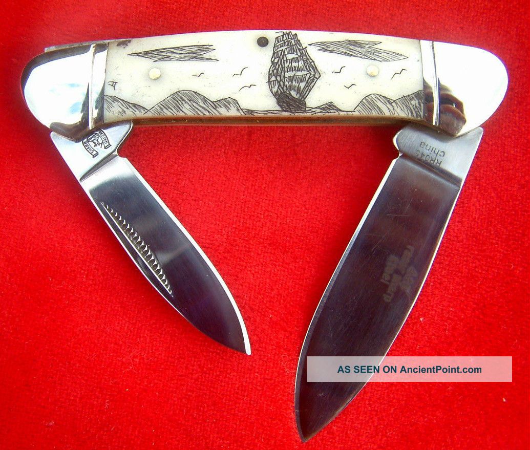 Nautical Scrimshaw,  Ship & Islands,  2 Blade Canoe,  Folding Knife/knives Scrimshaws photo