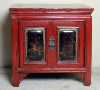 Chinese Antique Red & Black Lacquer Painted Cabinet photo