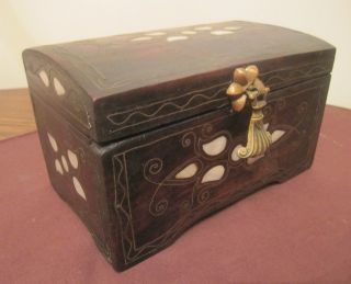 Antique Rare Handmade 19th Century Carved Wood Inlaid Mother Pearl Brass Box photo