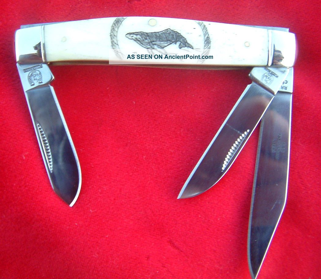 Nautical Scrimshaw Whale,  3 Blade Stockman,  Folding Knife/knives Scrimshaws photo