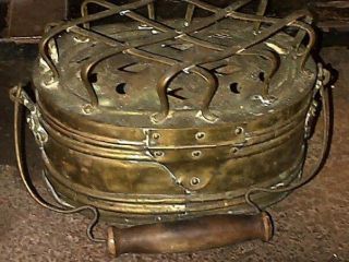 Antique Brass Coal Warmer Scuttle Hand Made Lion? Human Head Footed Grate Lid photo