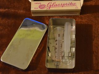 Vintage 20ml Glass Syringe In Sterilization Tin 1960`s Set photo