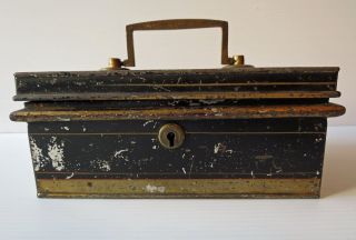 Antique Metal Cash Lock Box,  English Made Lever Lock,  1800 ' S photo