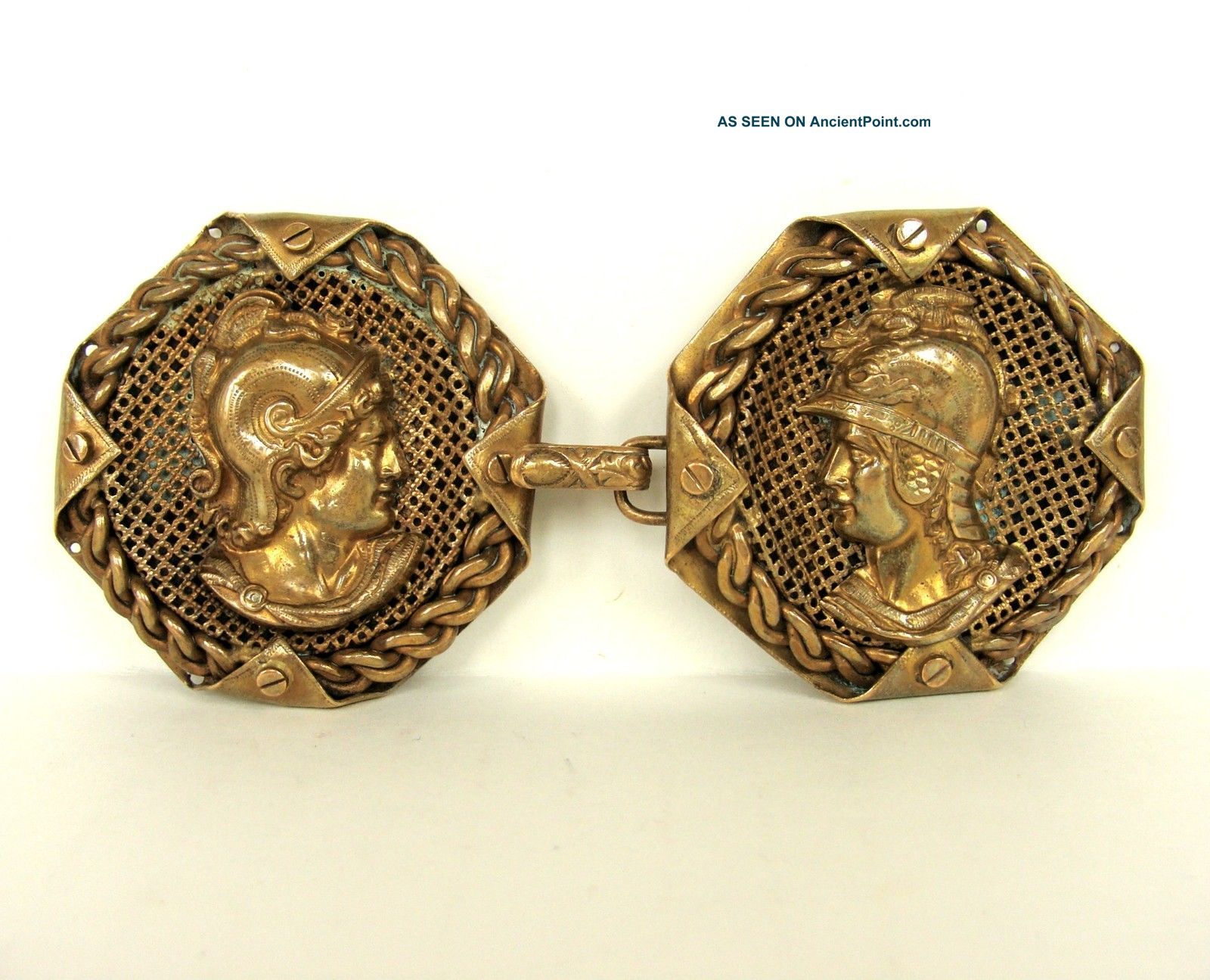 Antique Victorian Era Cloak Cape Buckle Clasps Toggle Brass Roman Soldiers 1800s Buttons photo