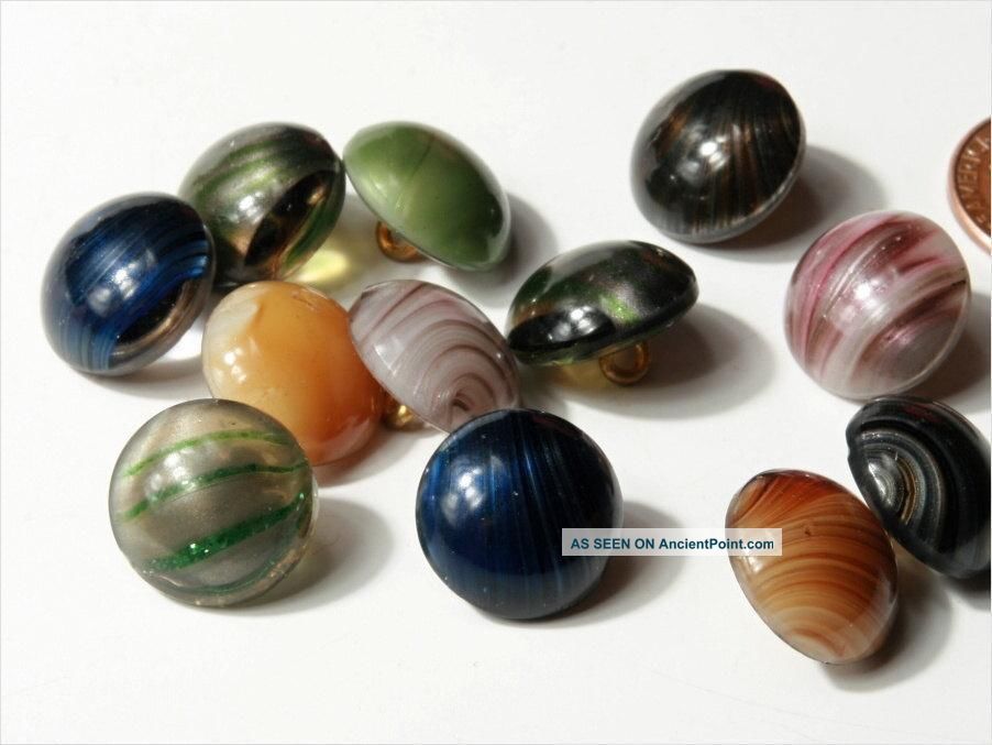 Collection (12) 14mm Rare Antique Czech Satin Striped Glass Waistcoat Buttons 3 Buttons photo