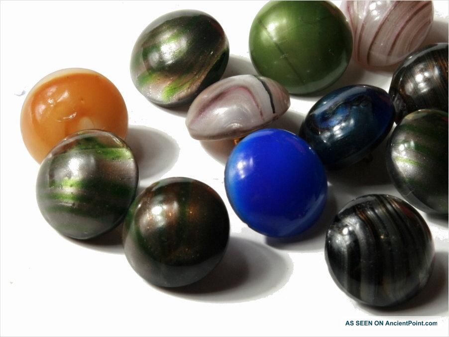 Collection (12) 14mm Rare Antique Czech Satin Striped Glass Waistcoat Buttons 2 Buttons photo