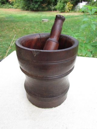 Antique Large Turned Hard Wood Mortar & Pestle photo