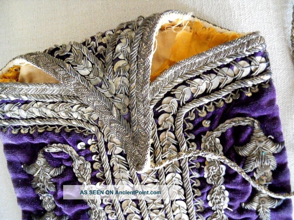 Antique Ottoman Silk Velvet Bourse Purse 18th - Century Silver Metallic Embroidery Islamic photo